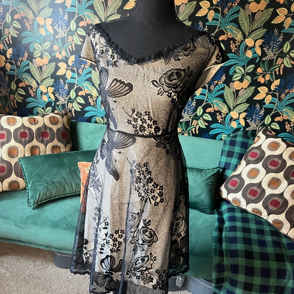 Black Lace Rose Butterfly Retro A-Line Dress